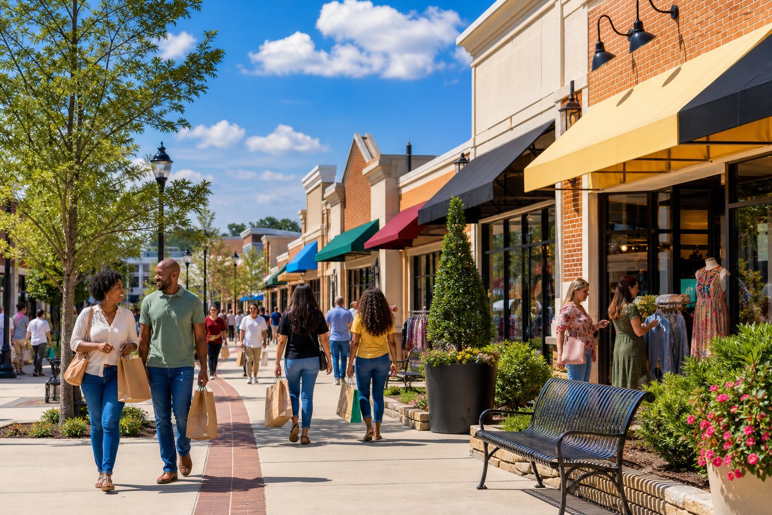 A busy local shopping center with people walking and shopping among small retail stores on a sunny day.