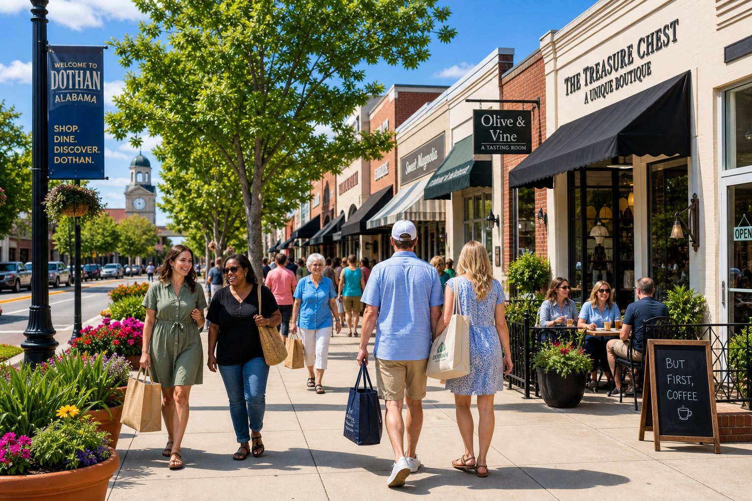 People shopping and walking along a lively local shopping center street with stores, trees, and outdoor seating on a sunny day.