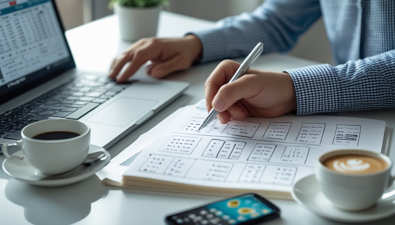 Meja kerja dengan laptop, buku catatan berisi perhitungan, dan tangan memegang pena, menunjukkan aktivitas prediksi togel 2D menggunakan metode sederhana.