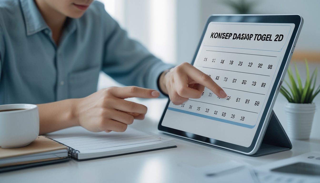 Seseorang sedang menganalisis angka togel 2D di meja kerja dengan tablet dan alat tulis.