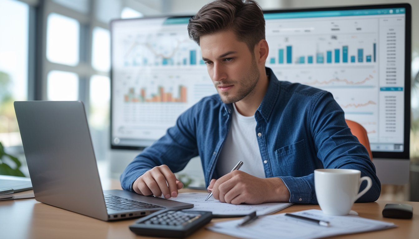 Seseorang duduk di meja kerja dengan laptop dan buku catatan, fokus menganalisis data dan grafik terkait prediksi togel.