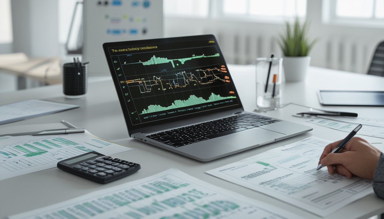 Seorang profesional sedang bekerja dengan laptop dan dokumen statistik di meja kantor yang rapi.