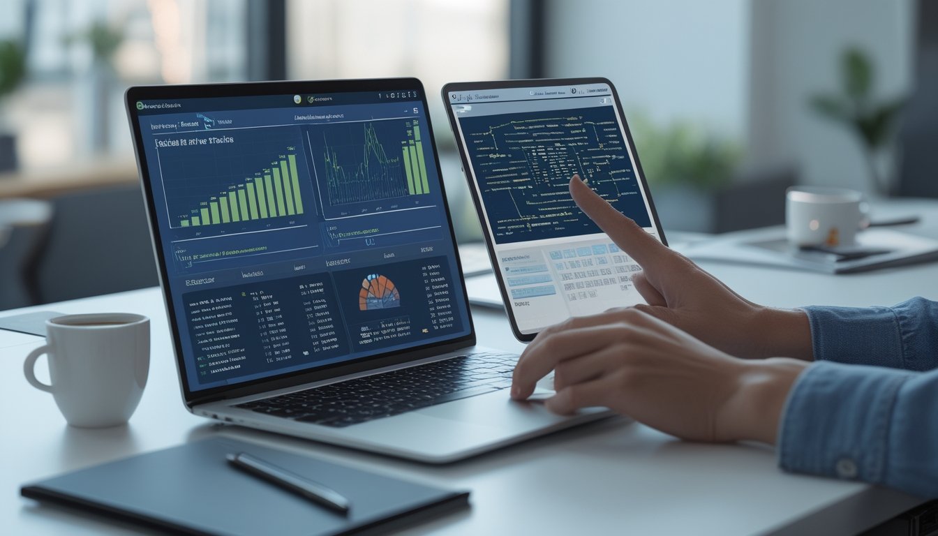 Meja kerja modern dengan perangkat digital menampilkan grafik statistik dan tangan seseorang sedang menganalisis data prediksi angka togel 2D.