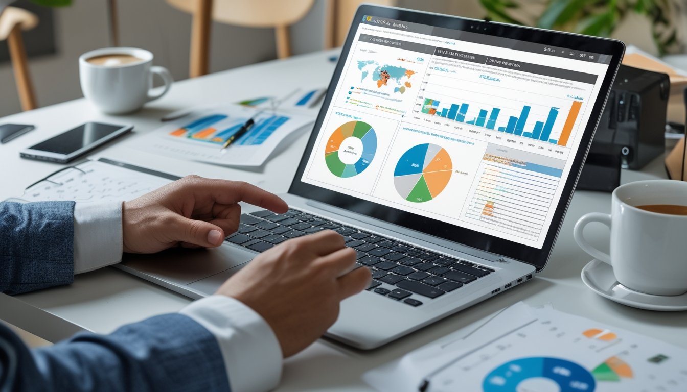 Seseorang sedang menganalisis grafik dan data di laptop di atas meja kerja yang rapi.