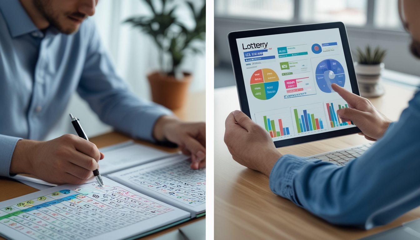 Dua orang membandingkan metode prediksi togel 2D, satu menggunakan alat manual seperti buku catatan dan pena, satu lagi menggunakan perangkat digital dengan grafik di layar.
