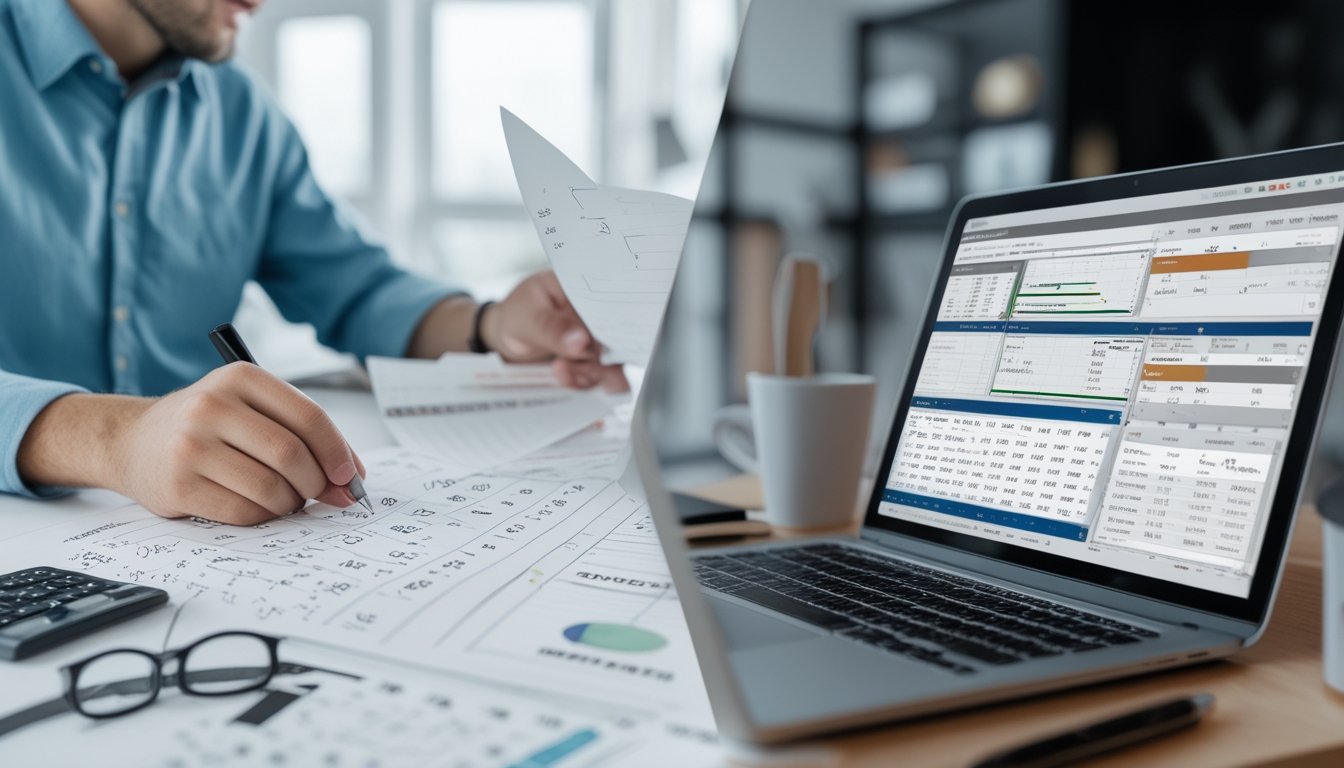 Seseorang bekerja dengan metode manual menggunakan kertas dan pena di satu sisi, dan menggunakan laptop dengan data digital di sisi lain dalam ruangan kantor yang terang.