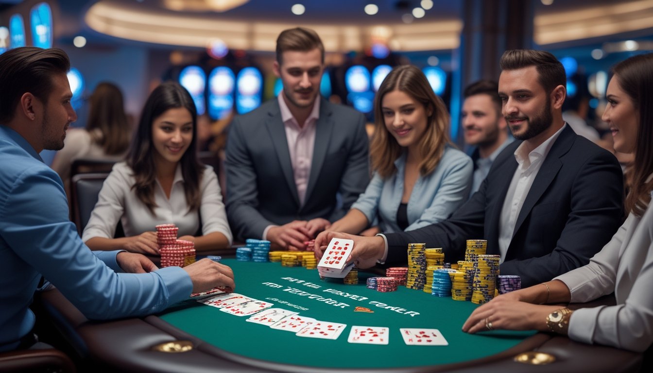 Meja poker dengan kartu dan chip, pemain yang fokus bermain Red Dog Poker dan Tri Card Poker di kasino.