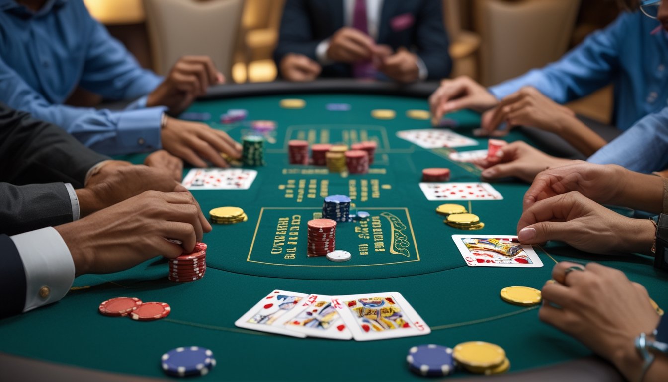 Meja kasino dengan kartu remi dan chip poker, tangan pemain sedang bermain Red Dog Poker dan Tri Card Poker.