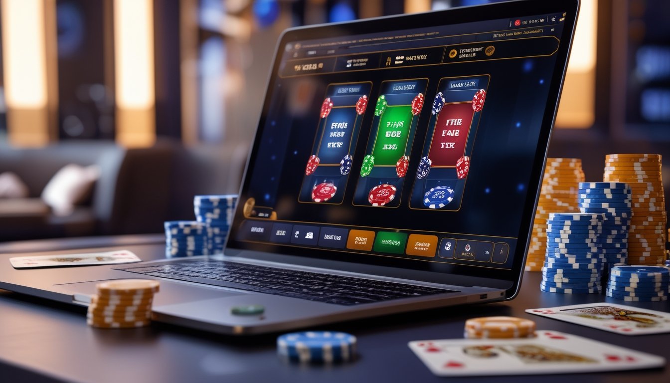 Seorang pemain sedang bermain poker online dengan kartu dan chip di meja serta layar komputer yang menampilkan permainan poker.