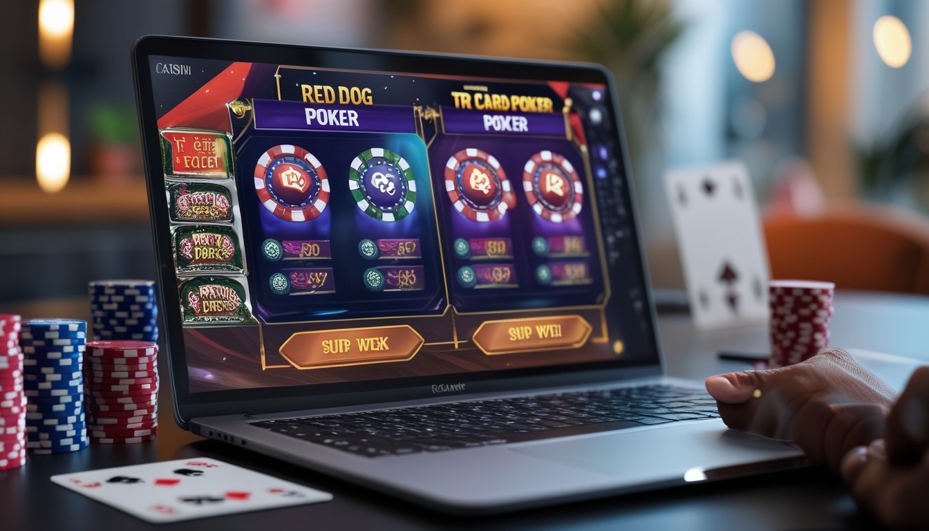 Sebuah meja kerja modern dengan komputer yang menampilkan permainan kasino Red Dog Poker dan Tri Card Poker, dikelilingi oleh kartu remi dan chip poker.