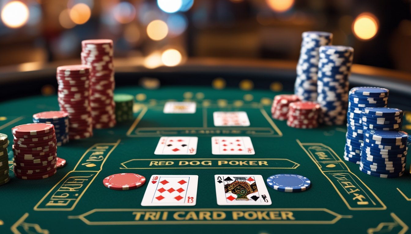 Meja kasino dengan dua area permainan yang menampilkan kartu dan chip untuk Red Dog Poker dan Tri Card Poker.