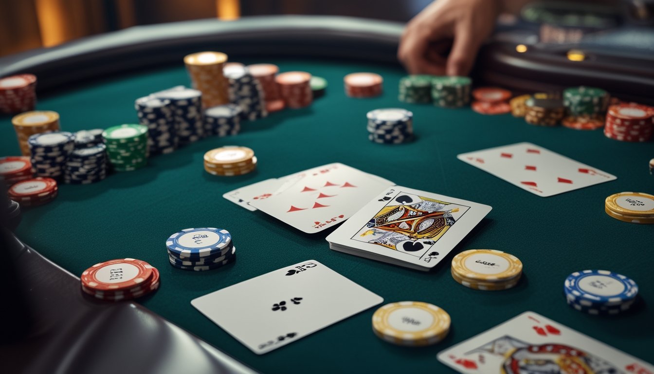 Meja kasino dengan kartu remi dan chip poker yang menunjukkan dua permainan kartu berbeda.