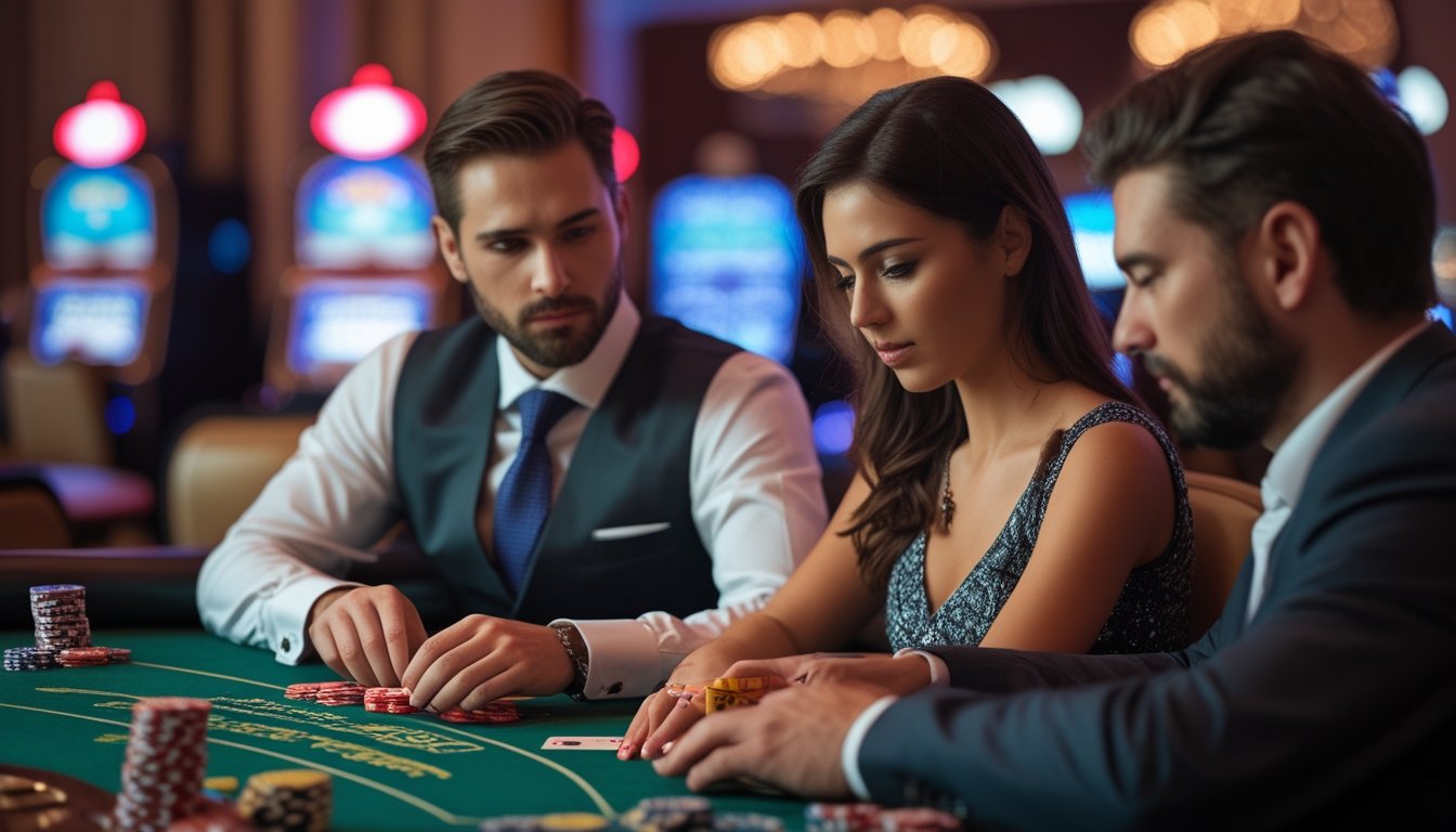 Dua orang sedang bermain poker di meja kasino dengan kartu dan chip poker, fokus pada permainan Red Dog dan Tri Card Poker.
