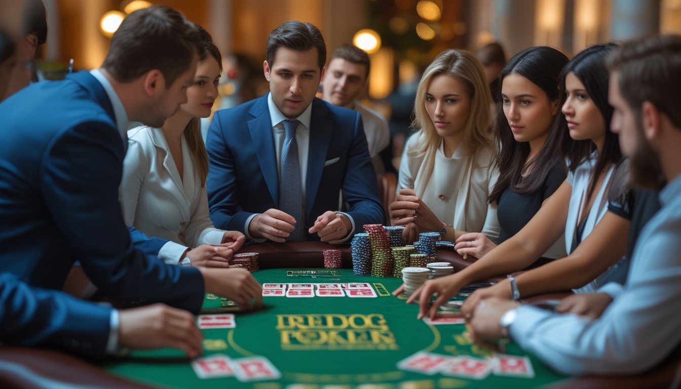 Seorang dealer dan beberapa pemain sedang berkumpul di meja permainan kartu di kasino, fokus pada permainan Red Dog Poker dan Tri Card Poker.