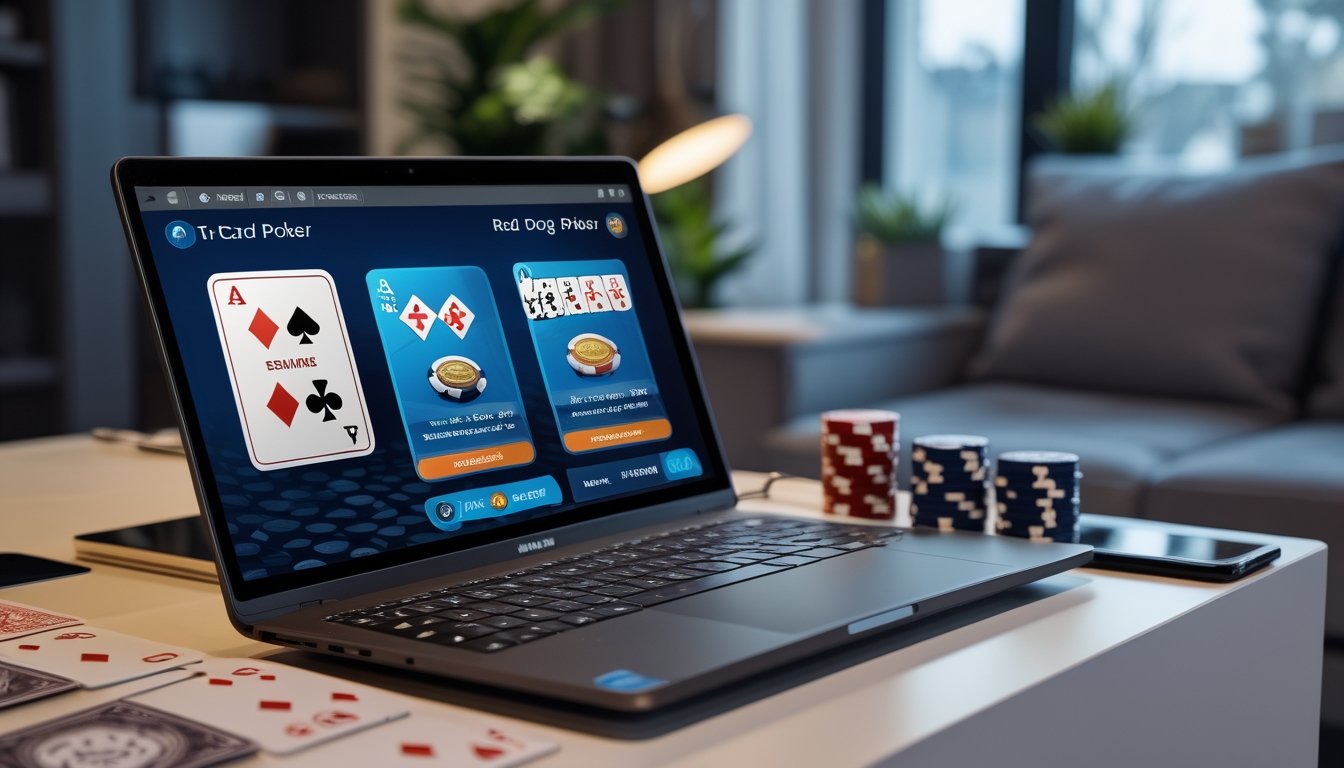 Seorang pemain menggunakan laptop di meja dengan tampilan permainan poker online Tri Card Poker dan Red Dog Poker di layar, di ruangan rumah yang nyaman.