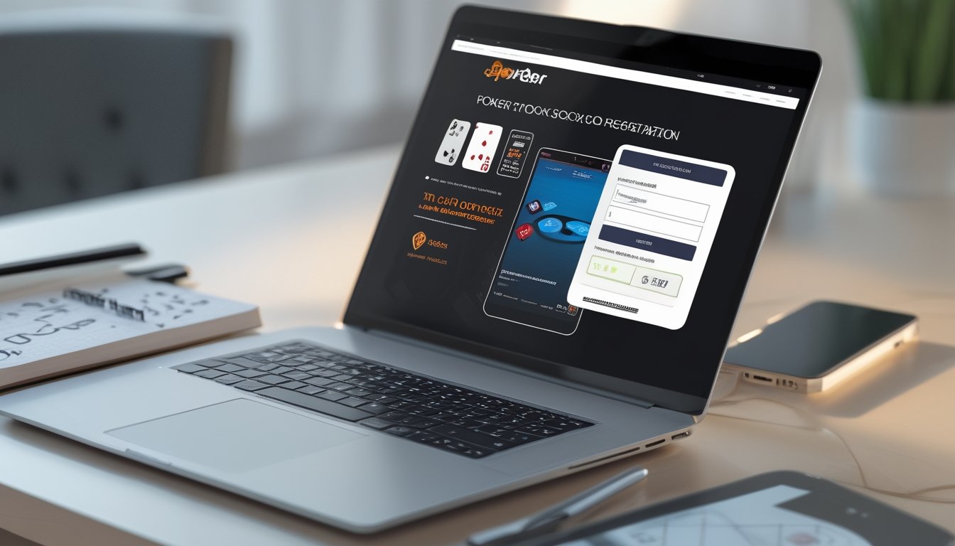 Sebuah meja kerja dengan laptop yang menampilkan permainan poker online dan perangkat lain seperti ponsel dan buku catatan.
