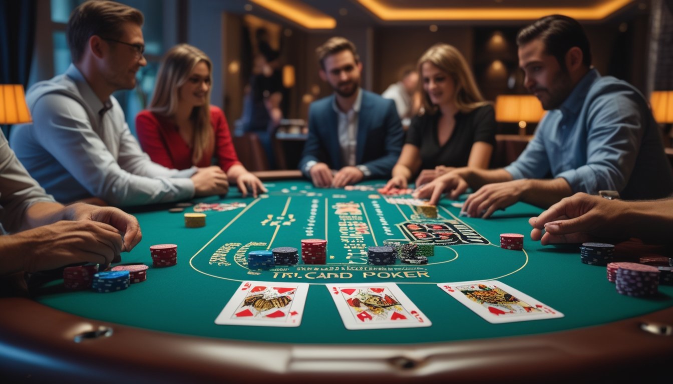 Meja poker dengan pemain yang sedang bermain kartu di kasino yang terang dan elegan.