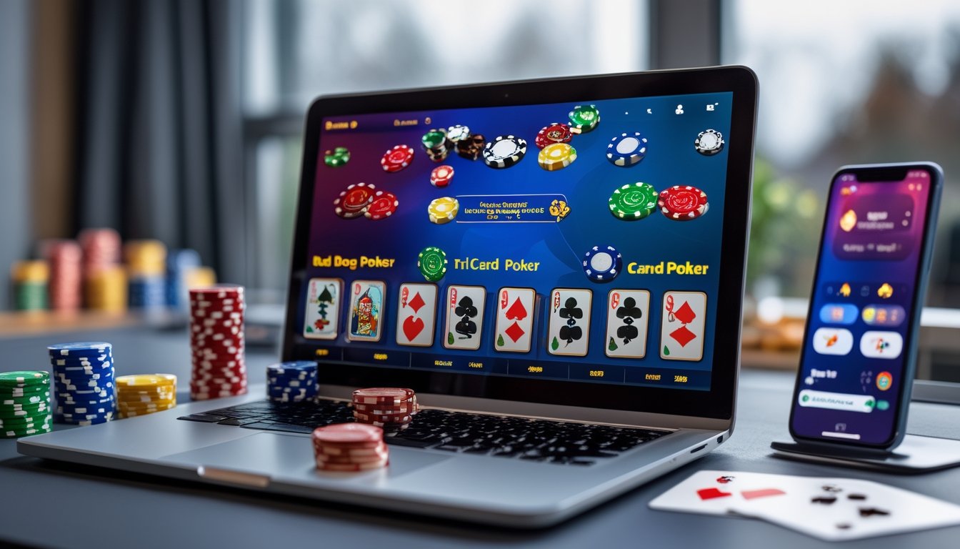 Meja kerja modern dengan laptop yang menampilkan permainan kasino online dan beberapa kartu serta chip poker di sekitarnya.