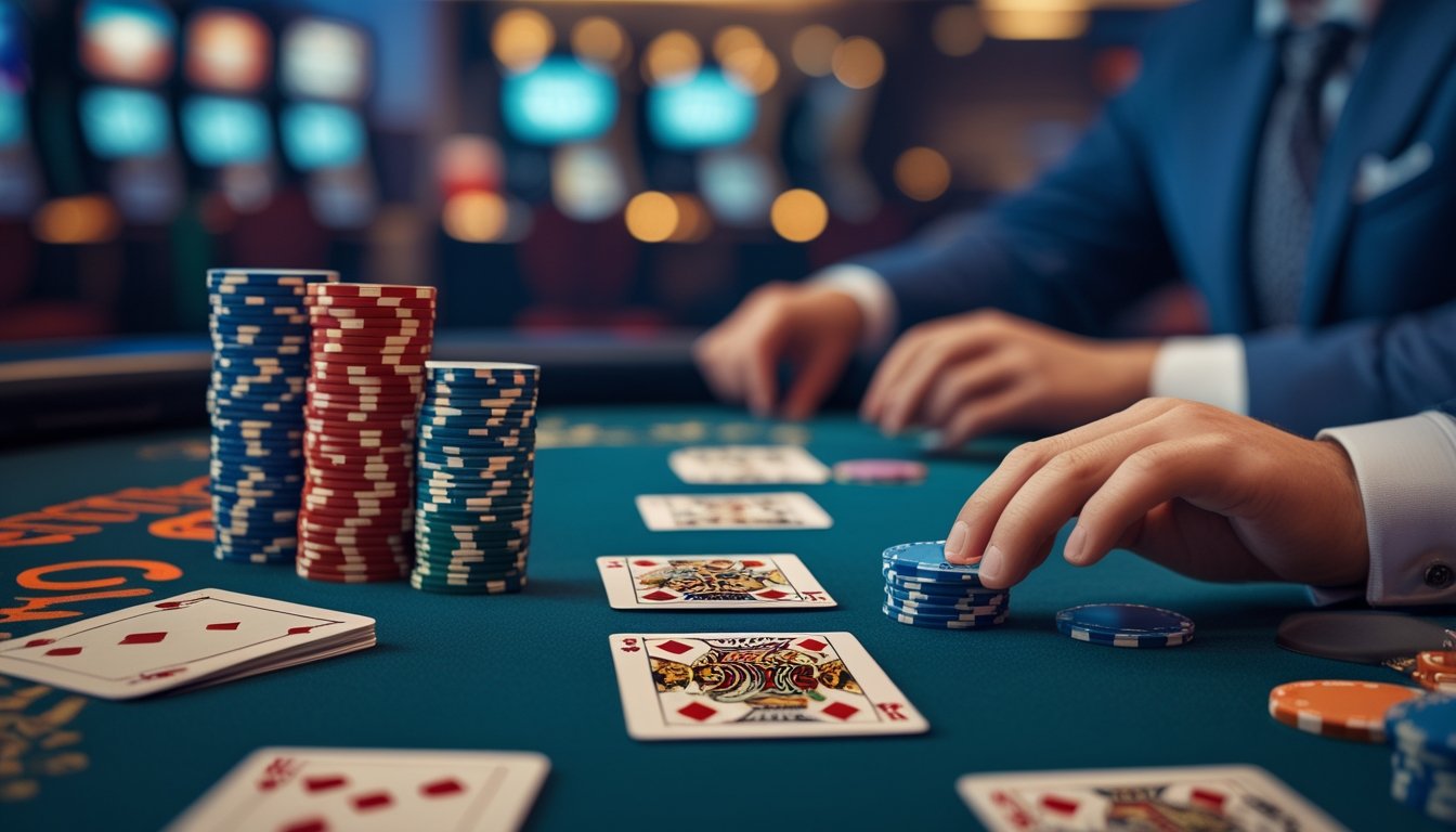 Dua pemain duduk di meja poker dengan kartu dan chip, fokus bermain Red Dog Poker dan Tri Card Poker di kasino.