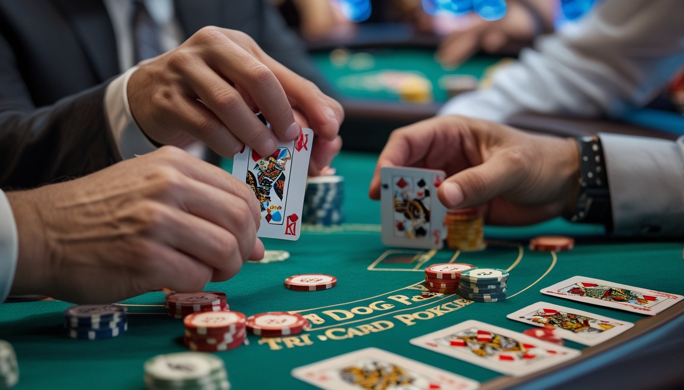 Dua pemain kartu sedang bermain Red Dog Poker dan Tri Card Poker di meja kasino dengan tumpukan chip dan kartu di tangan mereka.