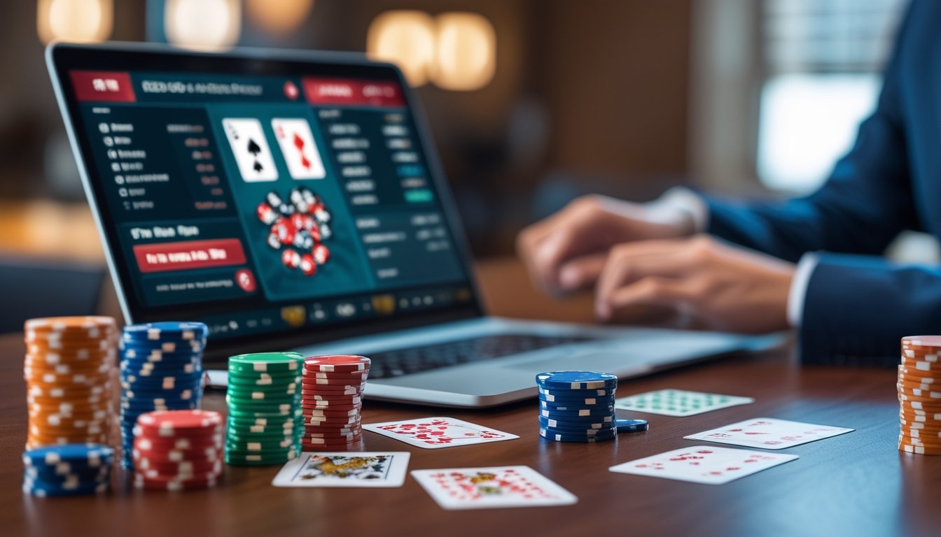Sebuah meja poker dengan laptop yang menampilkan permainan poker online, tumpukan chip poker berwarna-warni, dan kartu remi yang tersebar di atas meja kayu.