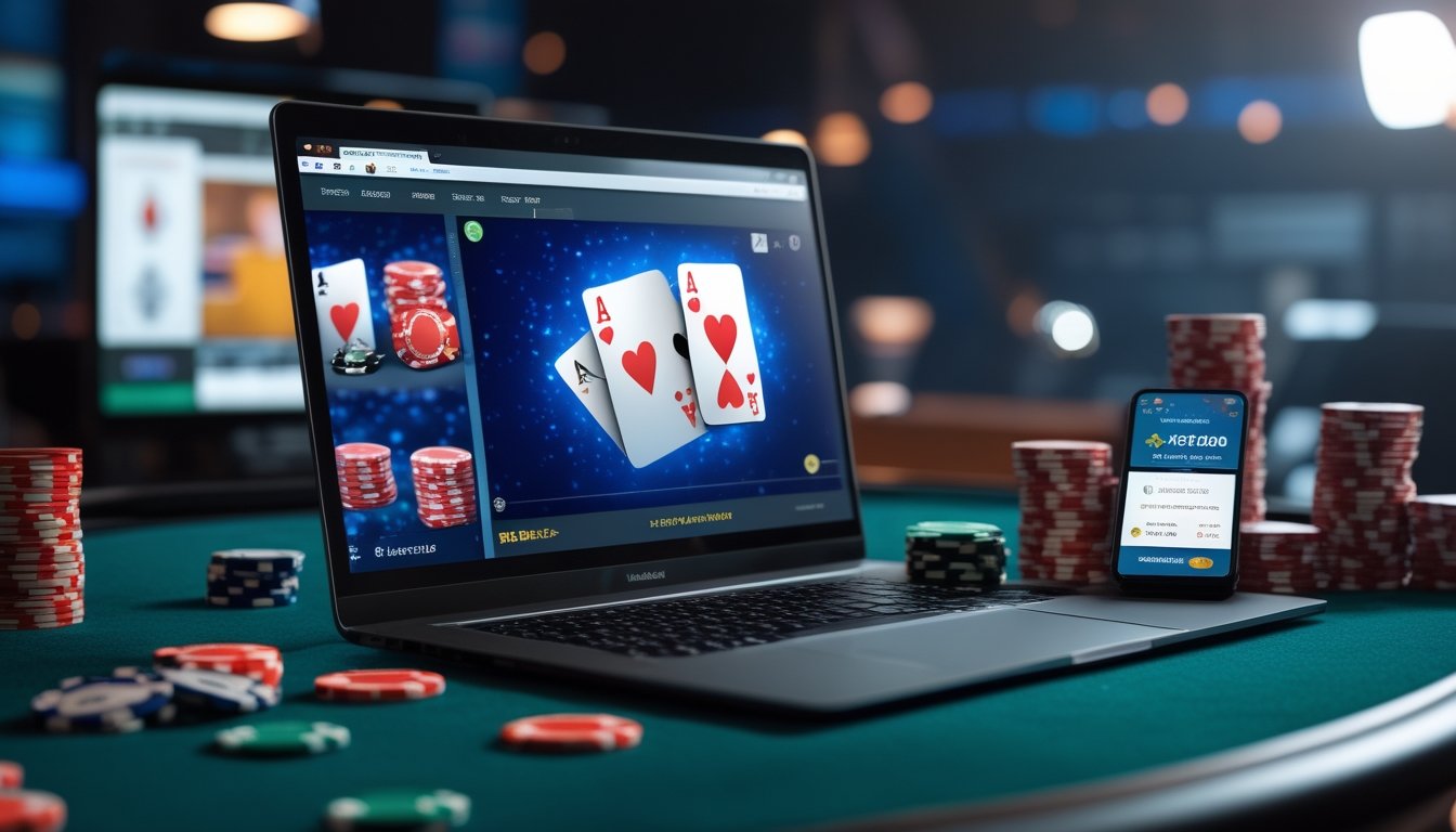 Seorang pemain poker online menggunakan laptop dengan kartu dan chip poker di meja, serta smartphone yang menampilkan aplikasi pembayaran.