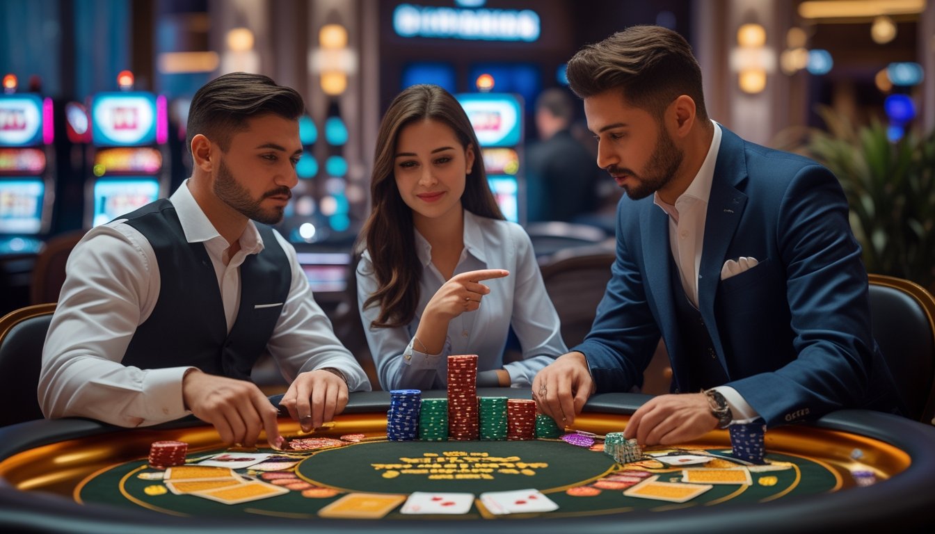Dua pemain dan seorang dealer sedang berdiskusi di meja poker dengan kartu dan chip tertata rapi di kasino.