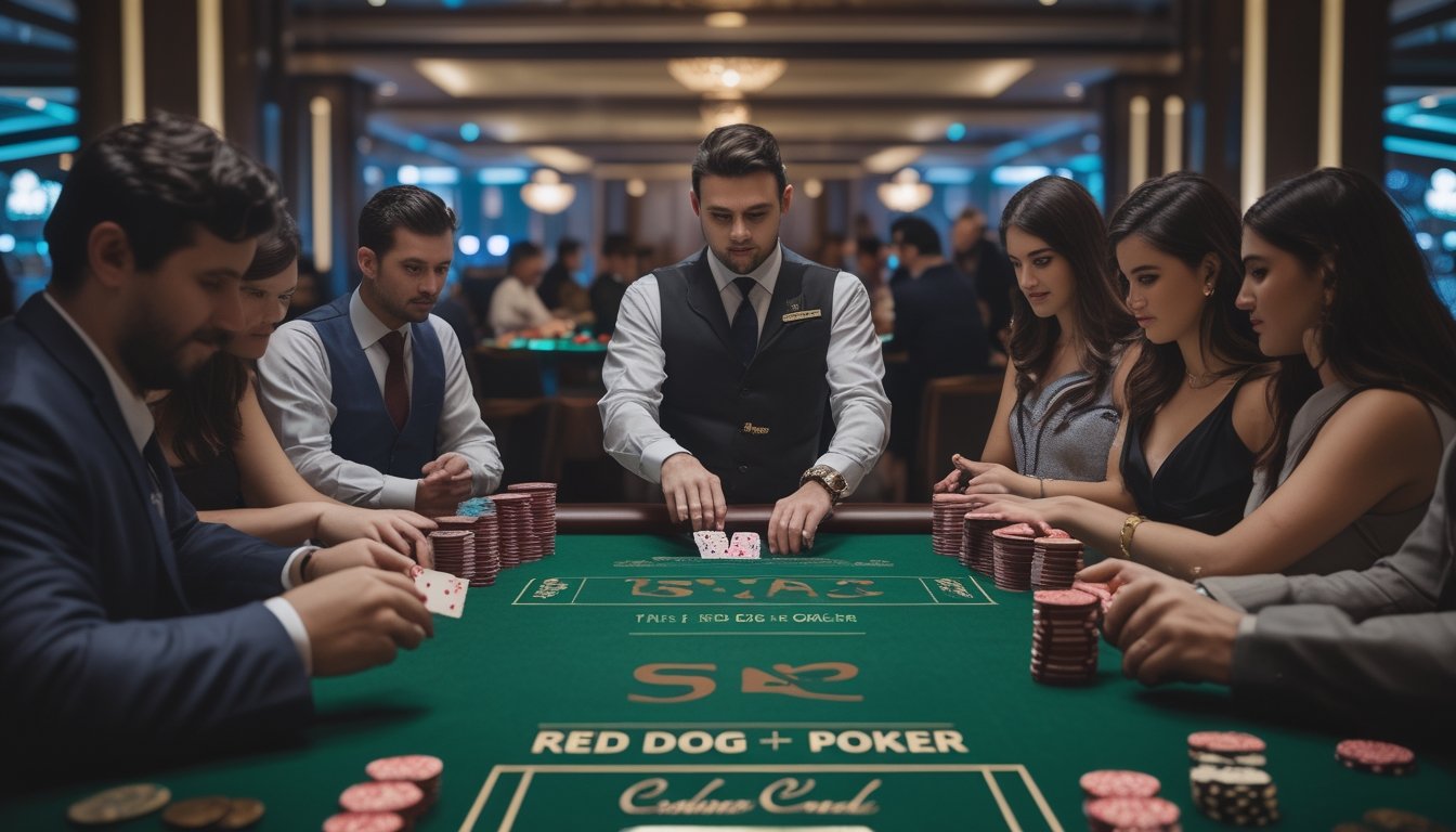 Meja kasino dengan dealer dan pemain yang sedang bermain Tri Card Poker dan Red Dog Poker, dengan tumpukan chip dan kartu di atas meja.