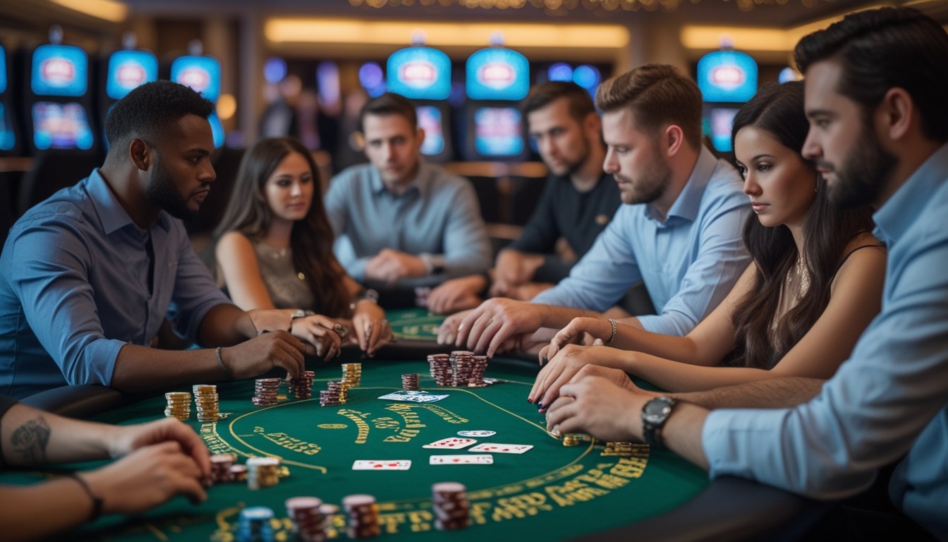Beberapa orang sedang bermain poker Red Dog dan Tri Card di meja kasino dengan chip dan kartu.
