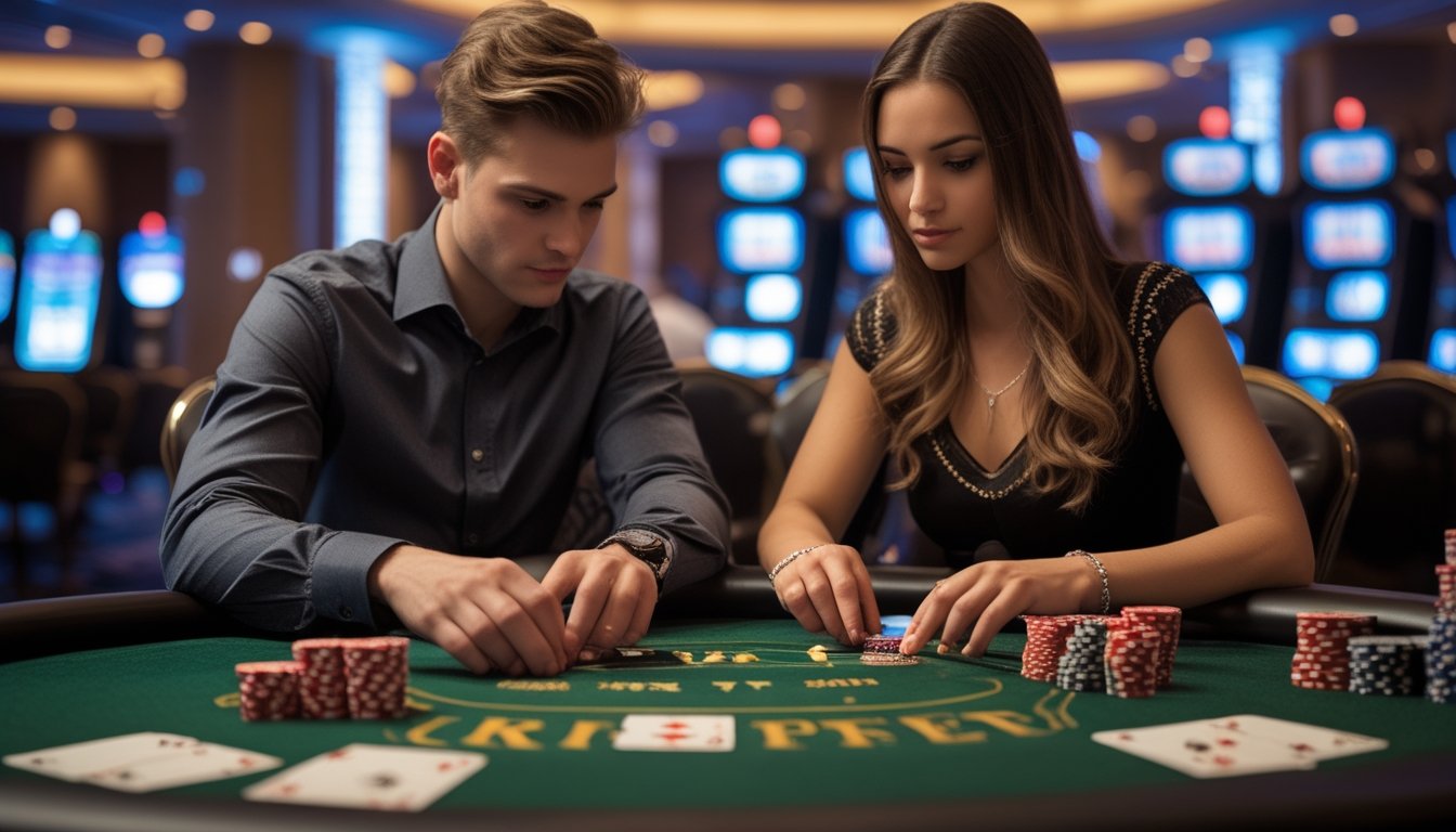 Dua orang dewasa muda bermain poker di meja kasino dengan tumpukan chip dan kartu, fokus mengelola modal mereka.