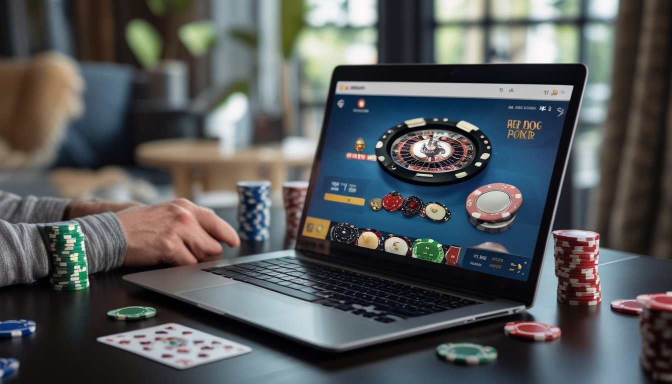 Seseorang bermain poker Red Dog secara online dengan laptop dan tumpukan chip poker di meja.