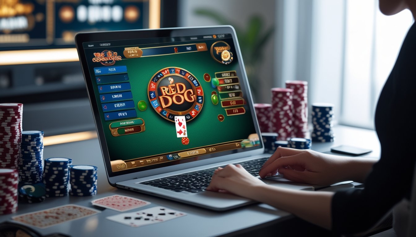 Seorang pemain yang sedang menggunakan komputer untuk bermain Red Dog Poker di kasino online dengan kartu dan chip poker di meja.