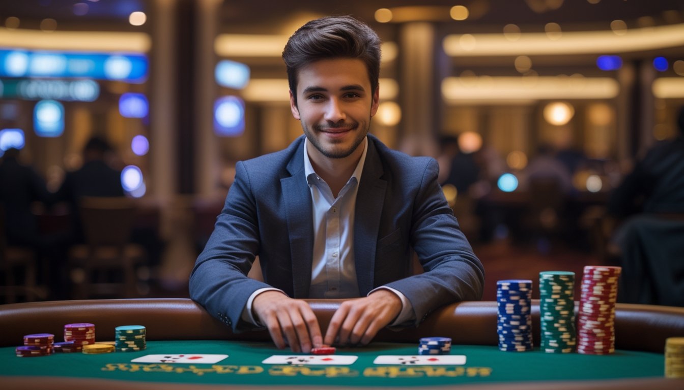 Seorang pria muda duduk di meja poker di kasino dengan tumpukan chip dan kartu bermain di depannya, tampak fokus dan percaya diri.