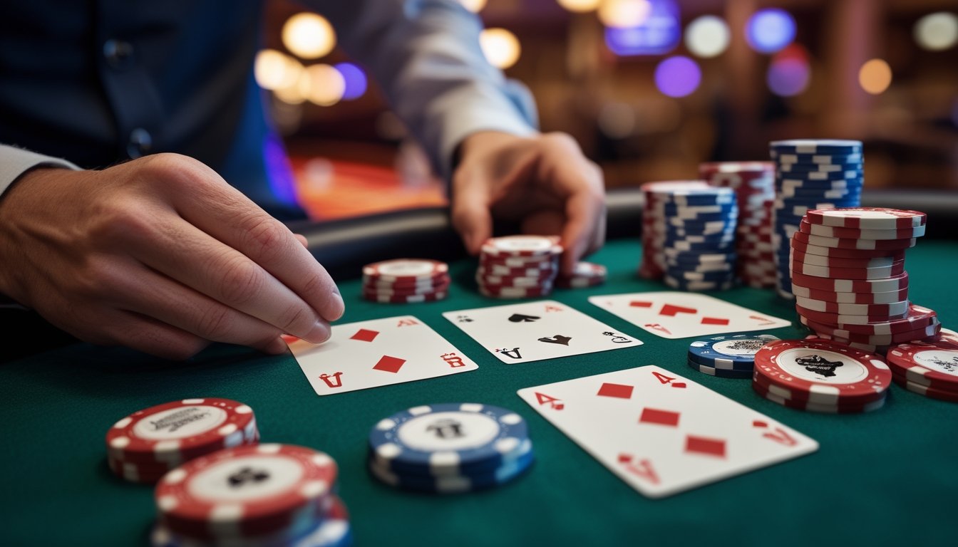 Tangan pemain memegang kartu poker Red Dog di atas meja poker dengan tumpukan chip kecil di latar belakang kasino yang remang-remang.