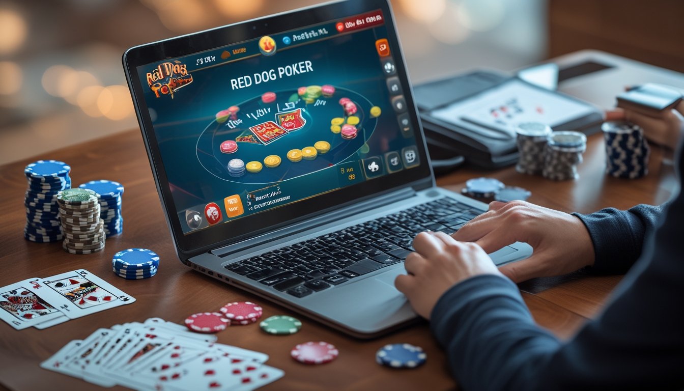 Seorang pemain sedang menggunakan laptop dengan permainan kartu Red Dog Poker online di meja kayu dengan tumpukan chip poker dan kartu yang tersebar.