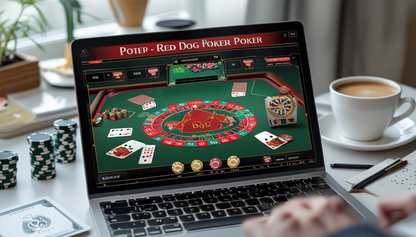 Seorang pemain duduk di depan laptop dengan tampilan permainan Red Dog Poker online, dikelilingi oleh chip poker, kartu, dan buku catatan di meja yang rapi.