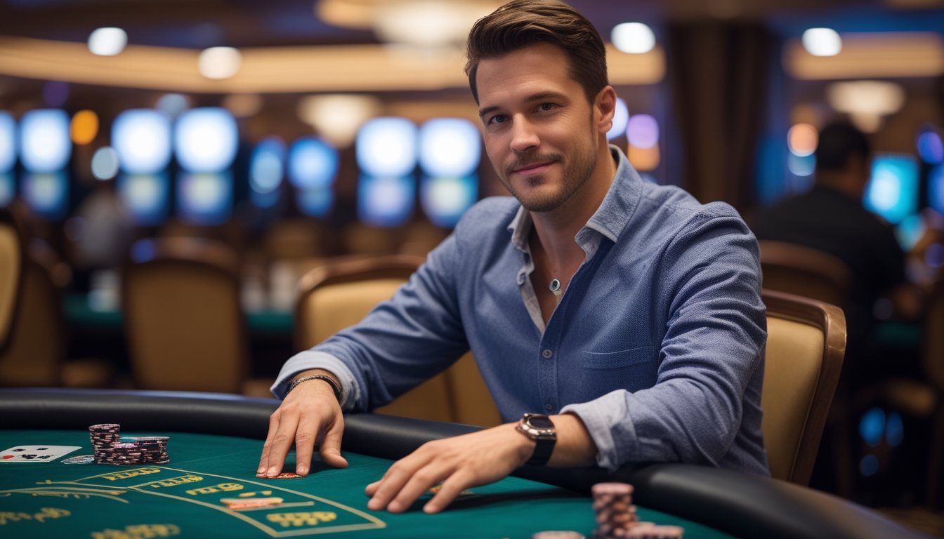 Seorang pria duduk di meja kasino bermain Red Dog Poker dengan kartu dan chip di depan, tampak fokus dan percaya diri.