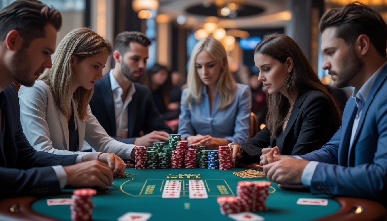 Beberapa orang sedang bermain poker Red Dog di meja dengan kartu dan chip poker, fokus dan serius dalam suasana kasino.