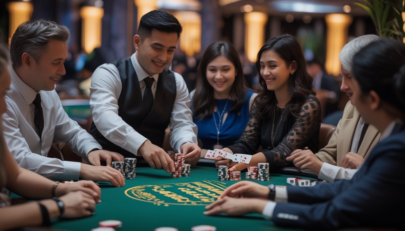 Meja kasino dengan permainan Red Dog Poker sedang berlangsung, dealer membagikan kartu kepada pemain yang duduk mengelilingi meja hijau.