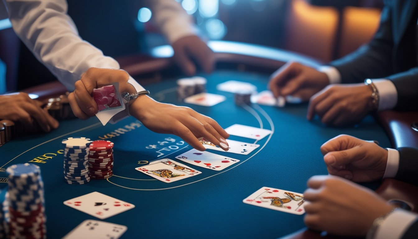 Tangan dealer membagikan kartu di meja kasino dengan tumpukan chip dan pemain yang memperhatikan permainan Red Dog Poker.