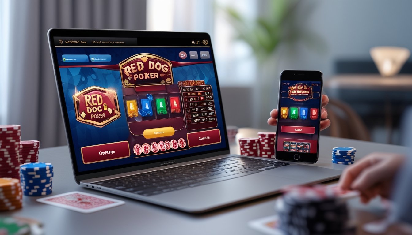 Orang menggunakan komputer dengan permainan Red Dog Poker online dan chip poker di sekitar meja.