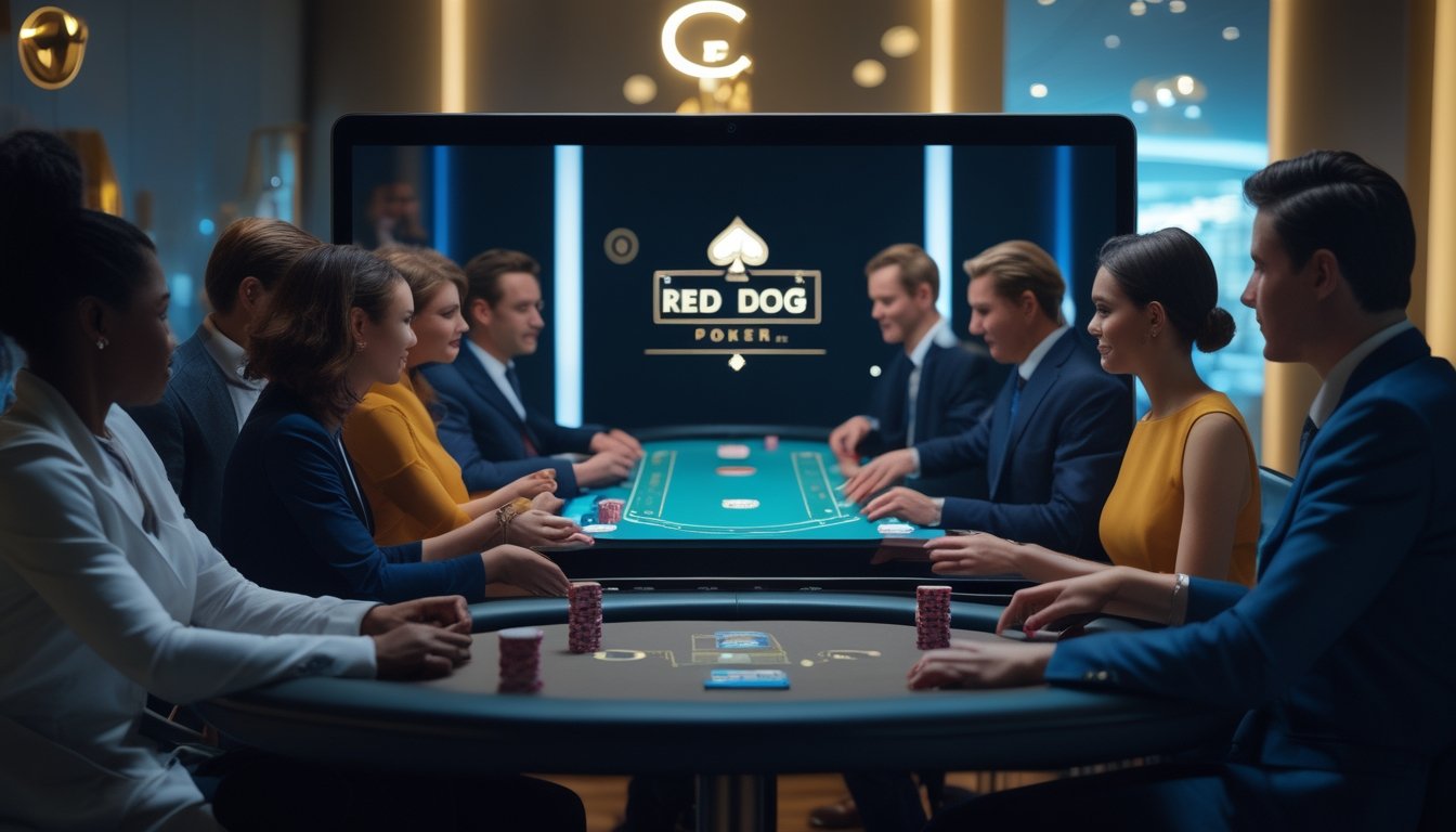 Beberapa orang sedang bermain poker online di meja digital dengan suasana kasino yang modern dan profesional.