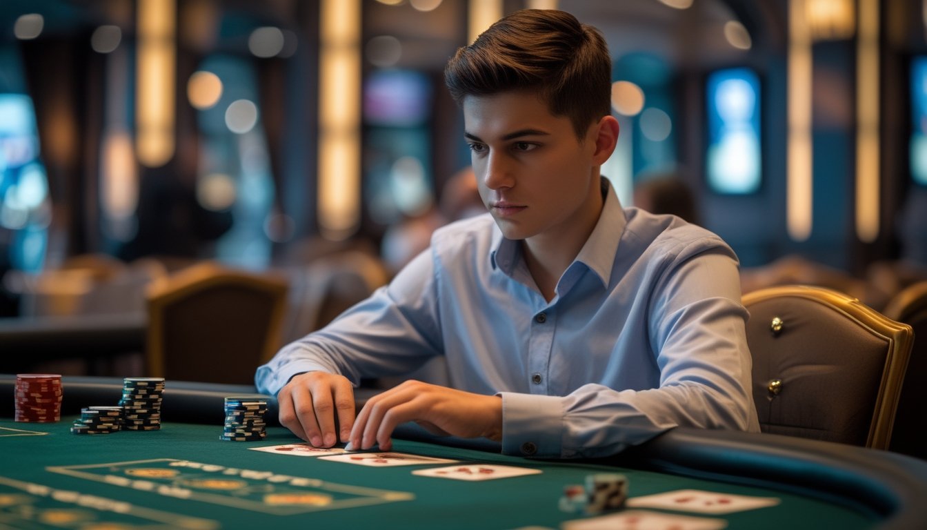 Seorang pemain muda serius sedang bermain Red Dog Poker di meja kasino dengan kartu dan chip poker.
