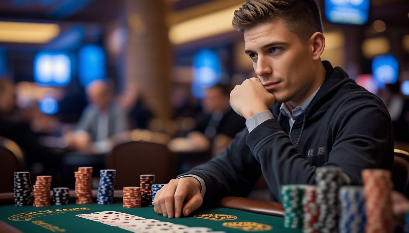 Seorang pria muda duduk di meja poker kasino dengan ekspresi fokus, bermain Red Dog Poker dengan kartu dan chip di meja.
