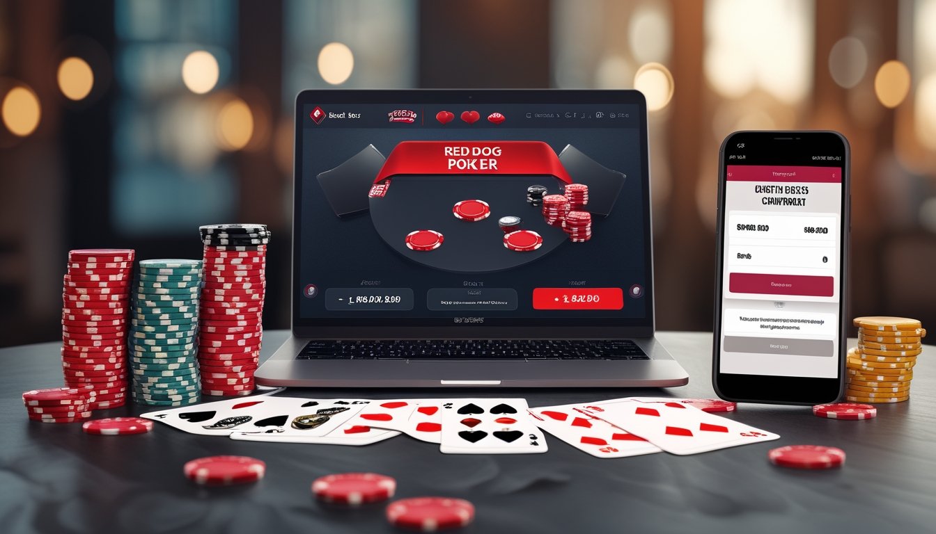 Seorang pemain poker online menggunakan laptop dengan tumpukan chip poker dan kartu bermain di meja, serta ponsel yang menampilkan konfirmasi pembayaran digital.