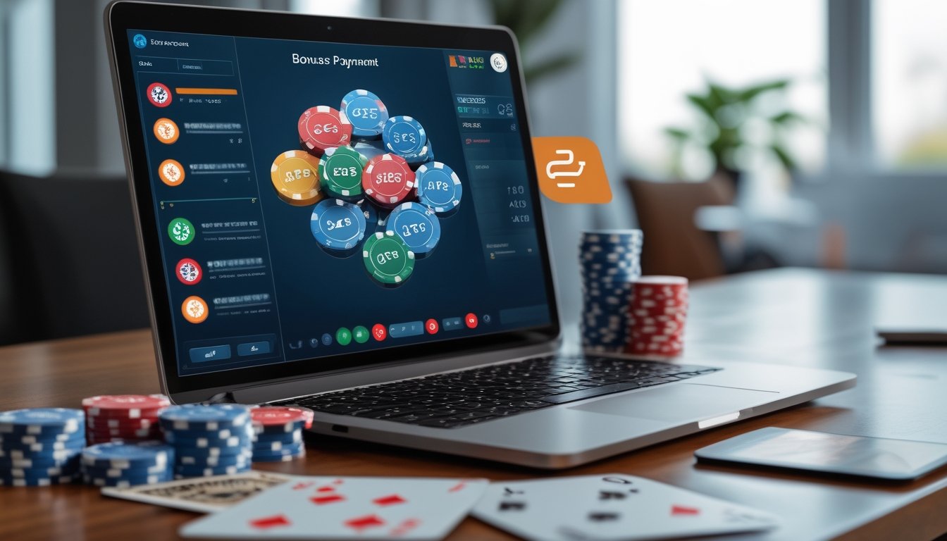 Meja dengan laptop yang menampilkan permainan poker online, chip poker, kartu bermain, dan ikon pembayaran digital di latar belakang.