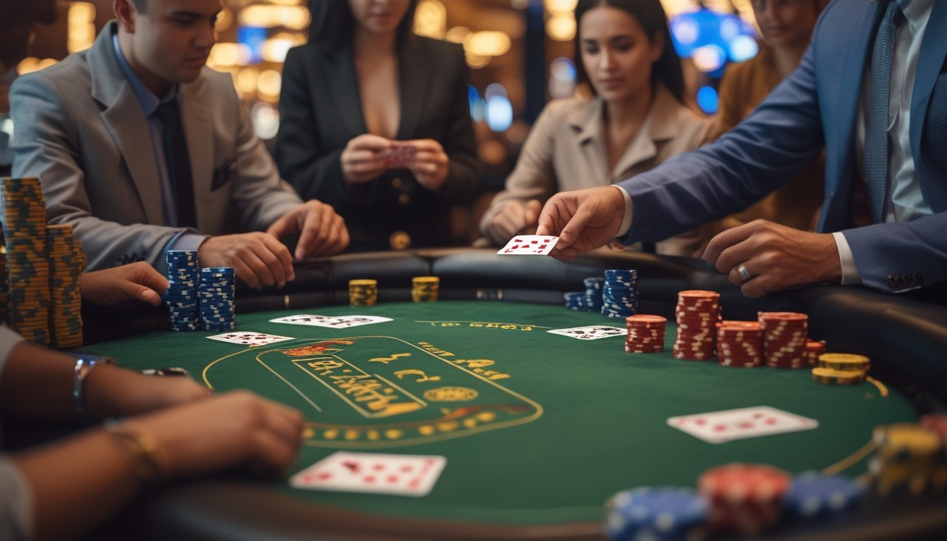 Meja poker di kasino dengan pemain dan dealer sedang bermain kartu Red Dog Poker.