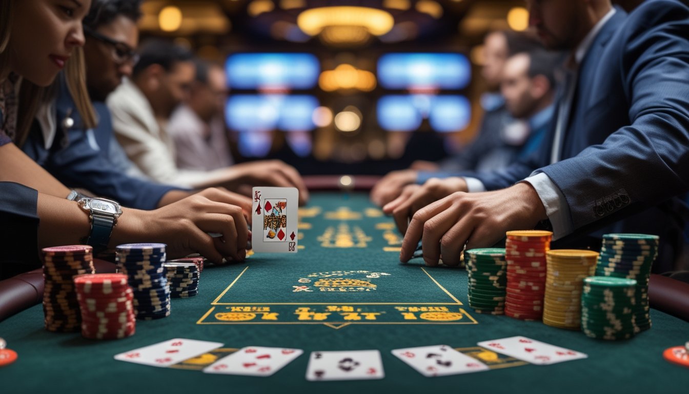 Meja poker Red Dog dengan kartu dan chip taruhan di kasino, tangan pemain sedang bermain.
