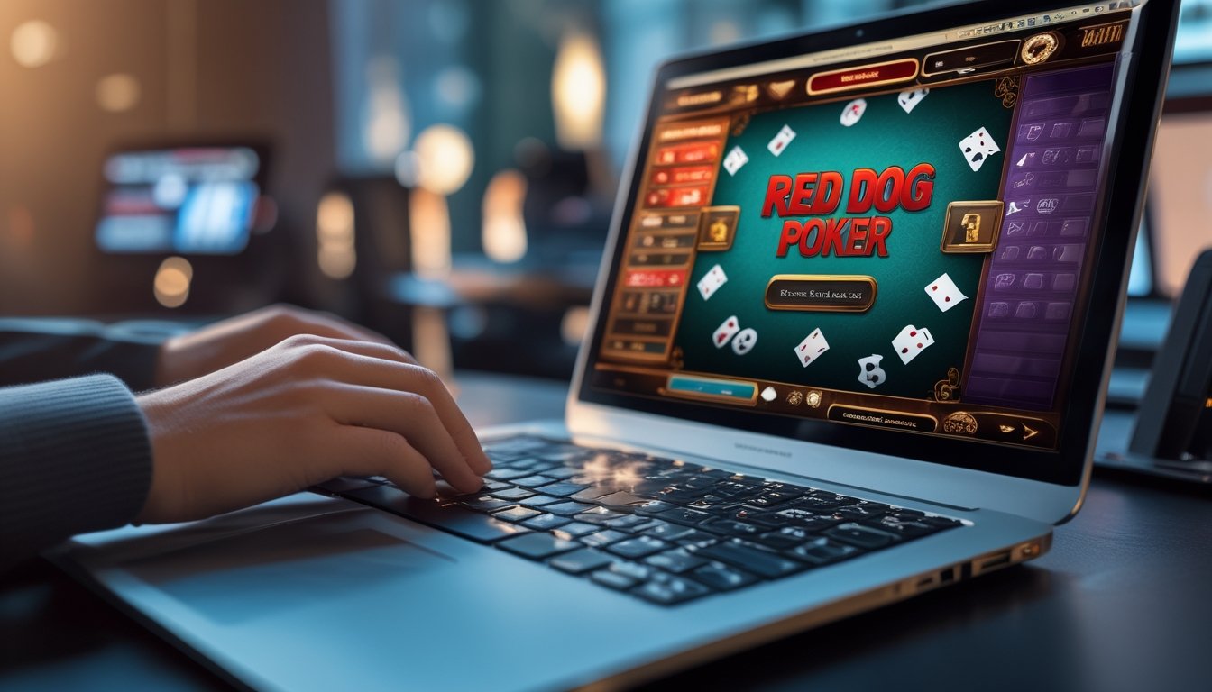Seseorang bermain poker Red Dog online di komputer dengan suasana yang aman dan profesional.