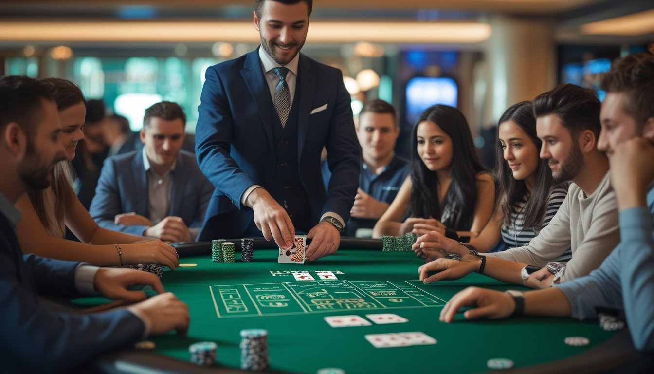 Seorang dealer di meja Casino Hold'em dengan beberapa pemain pemula yang sedang bermain di kasino.